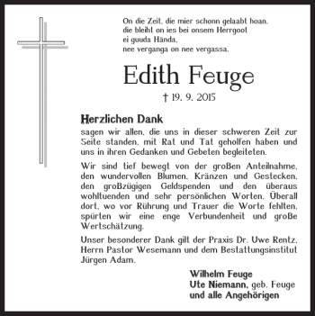 Traueranzeige von Edith Feuge von Braunschweiger Zeitung