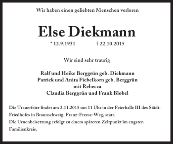 Traueranzeige von Else Diekmann von Braunschweiger Zeitung