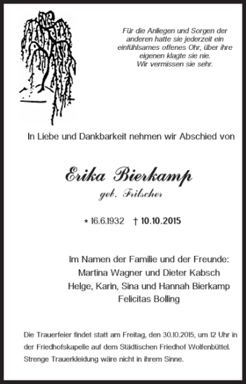 Traueranzeige von Erika Bierkamp von Braunschweiger Zeitung