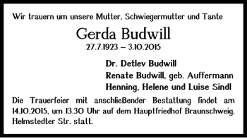 Traueranzeige von Gerda Budwill von Braunschweiger Zeitung