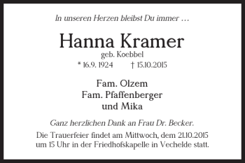 Traueranzeige von Hanna Kramer von Braunschweiger Zeitung
