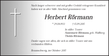 Traueranzeige von Herbert Rörmann von Braunschweiger Zeitung