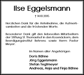 Traueranzeige von Ilse Eggelsmann von Braunschweiger Zeitung