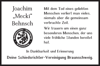 Traueranzeige von Joachim Mecki Behnsch von Braunschweiger Zeitung