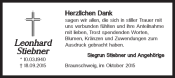 Traueranzeige von Leonhard Stiebner von Braunschweiger Zeitung