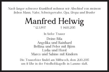 Traueranzeige von Manfred Helwig von Braunschweiger Zeitung