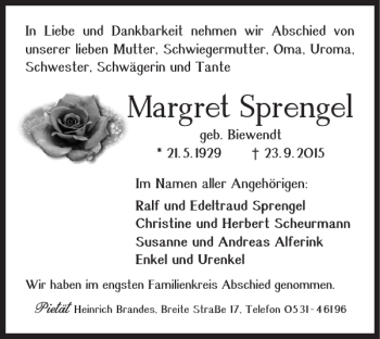 Traueranzeige von Margret Sprengel von Braunschweiger Zeitung