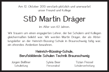 Traueranzeige von StD Martin Dräger von Braunschweiger Zeitung
