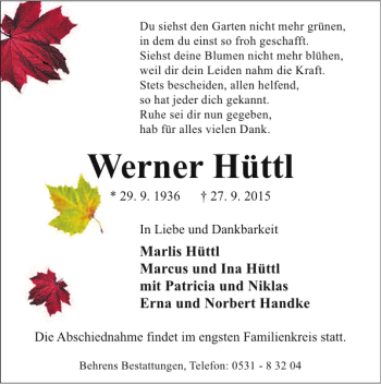 Traueranzeige von Werner Hüttl W von Braunschweiger Zeitung