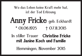 Traueranzeige von Anny Fricke von Braunschweiger Zeitung
