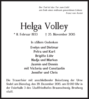 Traueranzeige von Helga Volley von Braunschweiger Zeitung