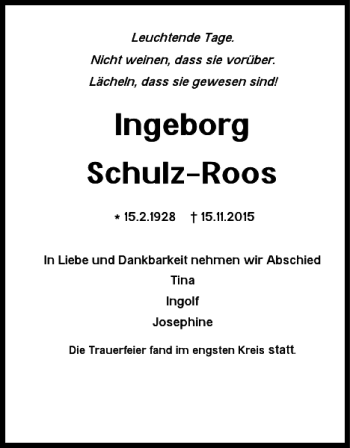 Traueranzeige von IngeborgSchulz-Roos  von Braunschweiger Zeitung