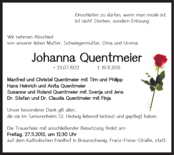 Traueranzeige von Johanna Quentmeier von Braunschweiger Zeitung
