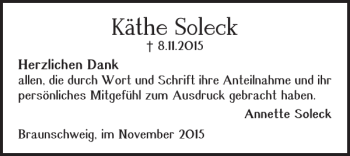 Traueranzeige von Kãthe Soleck von Braunschweiger Zeitung