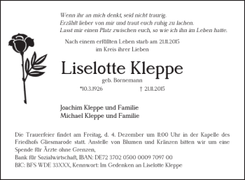 Traueranzeige von Liselotte Kleppe von Braunschweiger Zeitung