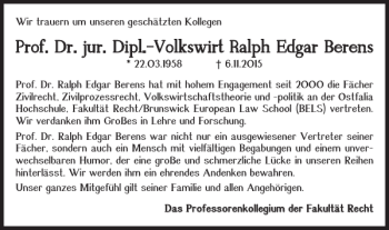Traueranzeige von Prof. Dr. jur. Dipl.-Volkswirt Ralph Edgar Berens  von Braunschweiger Zeitung