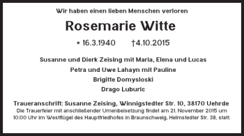 Traueranzeige von Rosemarie Witte von Braunschweiger Zeitung