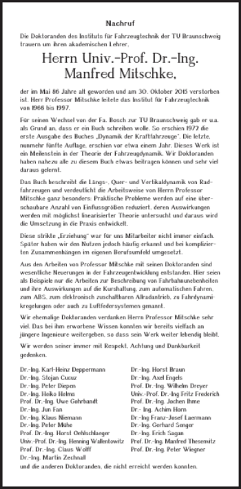 Traueranzeige von Univ.-Prof. Dr.-Ing. Manfred Mitschke von Braunschweiger Zeitung