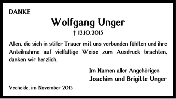 Traueranzeige von Wolfgang Unger von Braunschweiger Zeitung
