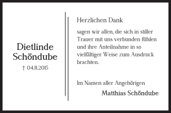 Traueranzeige von Dietlinde Schöndube von Braunschweiger Zeitung