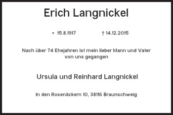 Traueranzeige von Erich Langnickel von Braunschweiger Zeitung