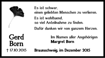 Traueranzeige von Gerd Born von Braunschweiger Zeitung