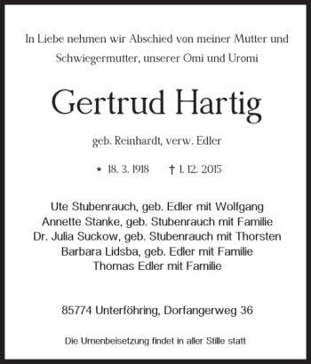 Traueranzeige von Gertrud Hartig von Braunschweiger Zeitung