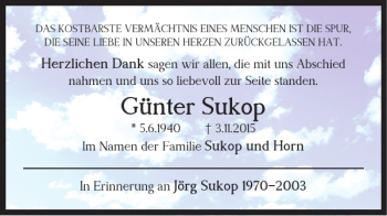 Traueranzeige von Günter Sukop von Braunschweiger Zeitung