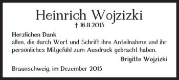 Traueranzeige von Heinrich Wojzizki von Braunschweiger Zeitung
