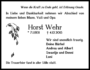 Traueranzeige von Horst Wehr von Braunschweiger Zeitung