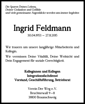 Traueranzeige von Ingrid Feldmann von Braunschweiger Zeitung
