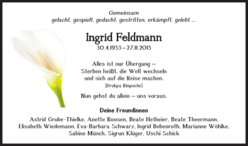 Traueranzeige von Ingrid Feldmann von Braunschweiger Zeitung