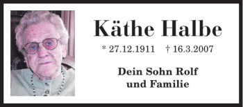 Traueranzeige von Käthe Halbe von Braunschweiger Zeitung