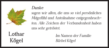 Traueranzeige von Lothar Kögel von Braunschweiger Zeitung
