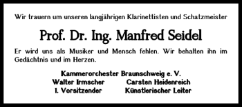 Traueranzeige von Prof. Dr. Ing. Manfred Seidel von Braunschweiger Zeitung