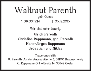 Traueranzeige von Waltraut Parenth von Braunschweiger Zeitung