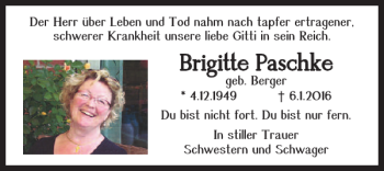 Traueranzeige von Brigitte Paschke von Braunschweiger Zeitung