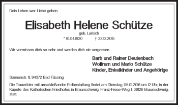 Traueranzeige von Elisabeth Helene Schütze von Braunschweiger Zeitung