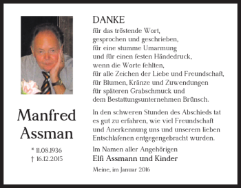 Traueranzeige von Manfred Assman von Braunschweiger Zeitung