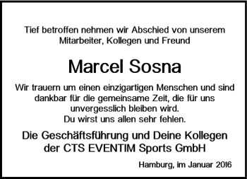 Traueranzeige von Marcel Sosna von Braunschweiger Zeitung