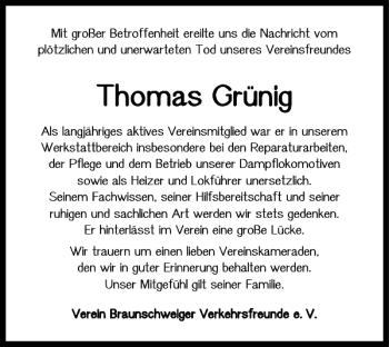 Traueranzeige von Thomas Grünig von Braunschweiger Zeitung