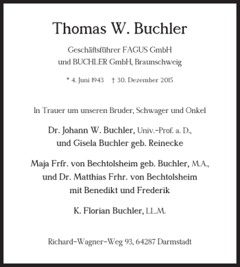 Traueranzeige von Thomas W. Buchler von Braunschweiger Zeitung