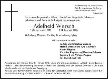 Traueranzeige von Adelheid Wersch von Helmstedter Nachrichten