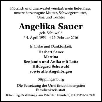 Traueranzeige von Angelika Sauer von Helmstedter Nachrichten