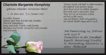 Traueranzeige von Charlotte Margarete Humphrey von Helmstedter Nachrichten