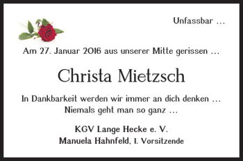 Traueranzeige von Christa Mietzsch von Braunschweiger Zeitung
