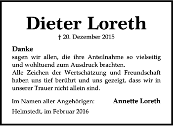 Traueranzeige von Dieter Loreth von Helmstedter Nachrichten
