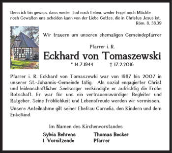 Traueranzeige von Eckhard von Tomaszewski von Braunschweiger Zeitung
