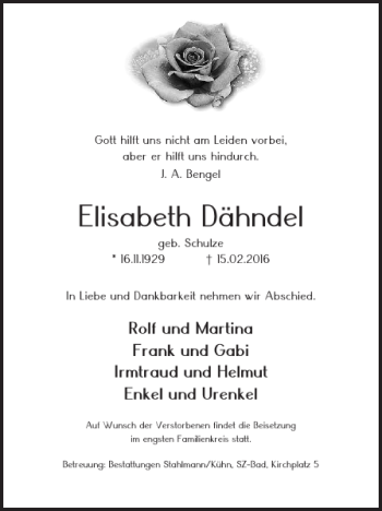 Traueranzeige von Elisabeth Dähndel von Salzgitter Zeitung