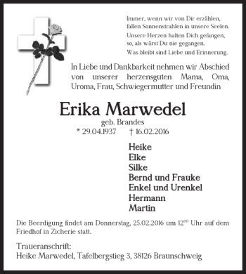 Traueranzeige von Erika Marwedel von Braunschweiger Zeitung